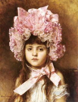 Alexei Harlamov Painting - The Pink Bonnet girl portrait Alexei Harlamov